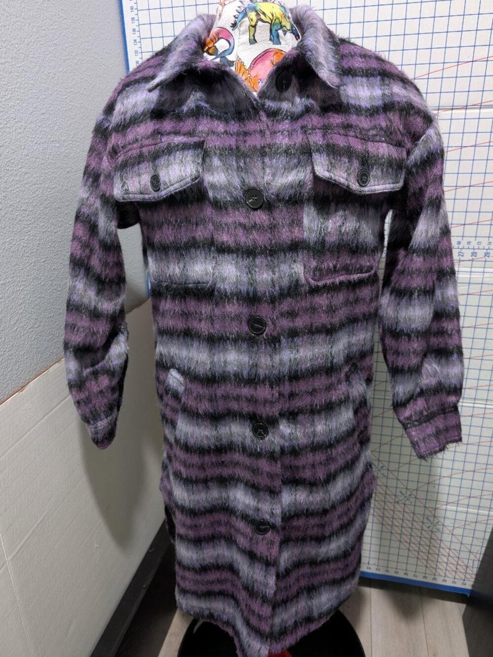 Forever 21 Women's Purple Plaid Faux Fur Long Coat XS Button Front